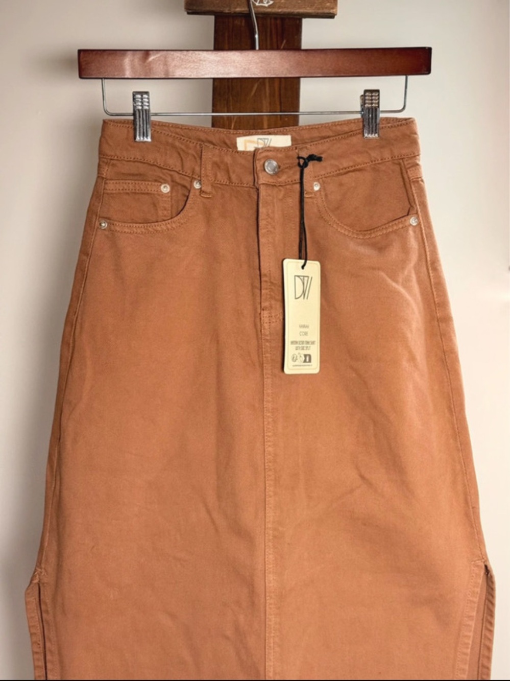 Brown Denim Maxi Skirt with Side Slits, NWT
